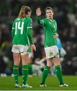 3 December 2024; Niamh Fahey of Republic of Ireland, right, speaks to team-mates, including Heather Payne, left, during the UEFA Women's EURO 2025 Play-off Round Two second leg match between Republic of Ireland and Wales at the Aviva Stadium in Dublin. Photo by Shauna Clinton/Sportsfile