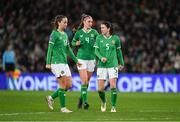 3 December 2024; Republic of Ireland players, from left, Anna Patten, Caitlin Hayes and Niamh Fahey during the UEFA Women's EURO 2025 Play-off Round Two second leg match between Republic of Ireland and Wales at the Aviva Stadium in Dublin. Photo by Stephen McCarthy/Sportsfile