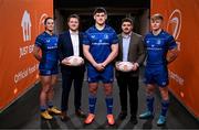 5 December 2024; Pictured are Leinster Rugby players Dan Sheehan, centre, Leah Tarpey and Tommy O’Brien , alongside Rob Burke, Partnerships Manager at Leinster Rugby and Cillian Walsh, right, Senior Marketing Manager the Aviva Stadium in Dublin, as Just Eat extend their partnership with Leinster Rugby for an additional two years. The extension will see Ireland’s leading food delivery platform continuing to offer Leinster supporters with exclusive discounts and special offers. Leinster fans can enjoy a 25% discount off local favourites such as Base Wood Fired Pizza, Griolladh & many more across six 6 different match days in December and January. Visit www.just-eat.ie for further information. Photo by David Fitzgerald/Sportsfile