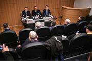 5 December 2024; In attendance, from left, managing director at UHY and Dundalk FC financial officier Alan Farrelly, Dundalk chairman John Temple and Dundalk FC chief executive officer Peter Halpin during a Dundalk press conference at Oriel Park in Dundalk, Louth. Photo by Ben McShane/Sportsfile