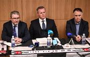 5 December 2024; In attendance, from left, managing director at UHY and Dundalk FC financial officier Alan Farrelly, Dundalk chairman John Temple and Dundalk FC chief executive officer Peter Halpin during a Dundalk press conference at Oriel Park in Dundalk, Louth. Photo by Ben McShane/Sportsfile