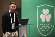 5 December 2024; Gymnastics Ireland chief executive officer Ciaran Gallagher speaking during the Olympic Federation of Ireland EGM 2024 at the Clayton Hotel in Dublin. Photo by Sam Barnes/Sportsfile