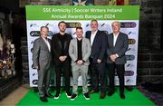 6 December 2024; St Patrick's Athletic representatives, from left, Brian Kerr, director of football Ger O'Brien, head of media Jamie Moore, general manager Anthony Delaney and owner Gareth Kelleher on arrival for the SSE Airtricity/Soccer Writers Ireland Awards 2024 at Clontarf Castle in Dublin. Photo by Stephen McCarthy/Sportsfile