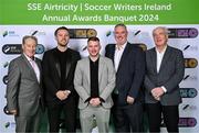 6 December 2024; St Patrick's Athletic representatives, from left, Brian Kerr, director of football Ger O'Brien, head of media Jamie Moore, general manager Anthony Delaney and owner Gareth Kelleher on arrival for the SSE Airtricity/Soccer Writers Ireland Awards 2024 at Clontarf Castle in Dublin. Photo by Stephen McCarthy/Sportsfile