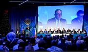 30 November 2024; The top table, from left, GAA trustee John Murphy, GAA trustee Tracey Kennedy, Ulster GAA president Ciarán McLoughlin, Leinster Council chairman Derek Kent, Uachtarán Chumann Lúthchleas Gael Jarlath Burns, Ard Stiúrthóir of the GAA Tom Ryan, former GAA president Larry McCarthy, Munster GAA chairman Ger Ryan, Connacht GAA Council president Vincent Neary and Britain GAA president Seán Hopkins, as GAA Football Review Committee chairperson Jim Gavin waits to speak at the lectern, during the GAA Special Congress 2024 at Croke Park in Dublin. Photo by Piaras Ó Mídheach/Sportsfile