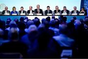 30 November 2024; The top table, from left, GAA trustee John Murphy, GAA trustee Tracey Kennedy, Ulster GAA president Ciarán McLoughlin, Leinster Council chairman Derek Kent, Uachtarán Chumann Lúthchleas Gael Jarlath Burns, Ard Stiúrthóir of the GAA Tom Ryan, former GAA president Larry McCarthy, Munster GAA chairman Ger Ryan, Connacht GAA Council president Vincent Neary and Britain GAA president Seán Hopkins during the GAA Special Congress 2024 at Croke Park in Dublin. Photo by Piaras Ó Mídheach/Sportsfile