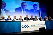 30 November 2024; The top table, from left, GAA trustee John Murphy, GAA trustee Tracey Kennedy, Ulster GAA president Ciarán McLoughlin, Leinster Council chairman Derek Kent, Uachtarán Chumann Lúthchleas Gael Jarlath Burns, Ard Stiúrthóir of the GAA Tom Ryan, former GAA president Larry McCarthy, Munster GAA chairman Ger Ryan, Connacht GAA Council president Vincent Neary and Britain GAA president Seán Hopkins during the GAA Special Congress 2024 at Croke Park in Dublin. Photo by Piaras Ó Mídheach/Sportsfile