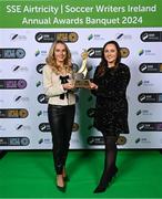 6 December 2024; Galway United and Republic of Ireland's Julie-Ann Russell is presented with the SSE Airtricity/Soccer Writers Ireland 2024 Women's Personality of the Year Award by SSE Airtricity Sponsorship manager Ashley Keating during the SSE Airtricity/Soccer Writers Ireland Awards 2024 at Clontarf Castle in Dublin. Photo by Stephen McCarthy/Sportsfile