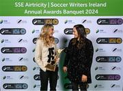 6 December 2024; Galway United and Republic of Ireland's Julie-Ann Russell with the SSE Airtricity/Soccer Writers Ireland 2024 Women's Personality of the Year Award and SSE Airtricity Sponsorship manager Ashley Keating during the SSE Airtricity/Soccer Writers Ireland Awards 2024 at Clontarf Castle in Dublin. Photo by Stephen McCarthy/Sportsfile