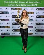 6 December 2024; Galway United and Republic of Ireland's Julie-Ann Russell with the SSE Airtricity/Soccer Writers Ireland 2024 Women's Personality of the Year Award during the SSE Airtricity/Soccer Writers Ireland Awards 2024 at Clontarf Castle in Dublin. Photo by Stephen McCarthy/Sportsfile