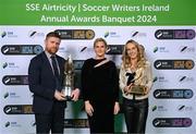 6 December 2024; SSE Airtricity Senior Marketing Manager Leanne Sheill with Shelbourne manager Damien Duff with the SSE Airtricity/Soccer Writers Ireland 2024 Men's Personality of the Year Award and Galway United and Republic of Ireland's Julie-Ann Russell with the SSE Airtricity/Soccer Writers Ireland 2024 Women's Personality of the Year Award during the SSE Airtricity/Soccer Writers Ireland Awards 2024 at Clontarf Castle in Dublin. Photo by Stephen McCarthy/Sportsfile