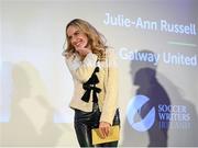 6 December 2024; Galway United and Republic of Ireland's Julie-Ann Russell recipient of the SSE Airtricity/Soccer Writers Ireland 2024 Women's Personality of the Year Award during the SSE Airtricity/Soccer Writers Ireland Awards 2024 at Clontarf Castle in Dublin. Photo by Stephen McCarthy/Sportsfile