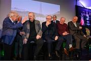 6 December 2024; Members of the Republic of Ireland's 1974 team who accepted the International Achievement Award, from left, John Giles, Eoin Hand, Terry Conroy, Paddy Roche, back row, Mick Martin and Terry Mancini during the SSE Airtricity/Soccer Writers Ireland Awards 2024 at Clontarf Castle in Dublin. Photo by Stephen McCarthy/Sportsfile
