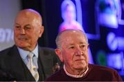 6 December 2024; Mick Martin, right, and Terry Mancini, members of the Republic of Ireland's 1974 team who accepted the International Achievement Award, during the SSE Airtricity/Soccer Writers Ireland Awards 2024 at Clontarf Castle in Dublin. Photo by Stephen McCarthy/Sportsfile