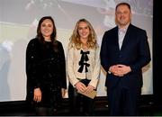 6 December 2024; Galway United and Republic of Ireland's Julie-Ann Russell, recipient of the SSE Airtricity/Soccer Writers Ireland 2024 Women's Personality of the Year Award, with SSE Airtricity Sponsorship manager Ashley Keating and Minister of State at the Department of Tourism, Culture, Arts, Gaeltacht, Sport and Media and Equality, Thomas Byrne TD during the SSE Airtricity/Soccer Writers Ireland Awards 2024 at Clontarf Castle in Dublin. Photo by Stephen McCarthy/Sportsfile