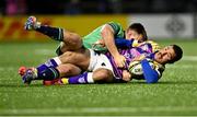 7 December 2024; Giacomo da Re of Zebre Parma is tackled by David Hawkshaw of Connacht during the EPCR Challenge Cup Round 1 match between Connacht and Zebre Parma at Dexcom Stadium in Galway. Photo by Piaras Ó Mídheach/Sportsfile