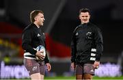 7 December 2024; Munster players Rory Scannell, left, and Billy Burns before the Champions Cup Round 1 match between Munster and Stade Francais Paris at Thomond Park in Limerick. Photo by Seb Daly/Sportsfile