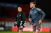 7 December 2024; Munster players Jack Crowley, right, and Billy Burns before the Champions Cup Round 1 match between Munster and Stade Francais Paris at Thomond Park in Limerick. Photo by Seb Daly/Sportsfile
