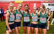 8 December 2024; The Ireland senior women's team, from left, Cheryl Nolan, Niamh Allen, Fiona Everard, Ann-Marie McGlynn and Mary Mulhare after the senior women's race during the SPAR European Cross Country Championships 2024 at Dokuma Park in Antalya, Turkiye. Photo by Tyler Miller/Sportsfile