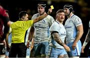 8 December 2024; Andrew Porter of Leinster is shown a yellow card by referee Pierre Brousset during the Champions Cup Round 1 match between Bristol Bears and Leinster at Ashton Gate in Bristol, England. Photo by Brendan Moran/Sportsfile