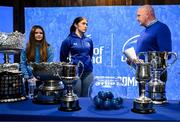 9 December 2024; Bronagh Boggan and Leinster player Aoife Moore with Bernard Jackman during the Bank of Ireland Leinster School's Cup Draw at the Bank of Ireland Montrose Branch in Dublin. Photo by David Fitzgerald/Sportsfile