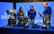 9 December 2024; Bronagh Boggan and Leinster player Aoife Moore with Bernard Jackman during the Bank of Ireland Leinster School's Cup Draw at the Bank of Ireland Montrose Branch in Dublin. Photo by David Fitzgerald/Sportsfile