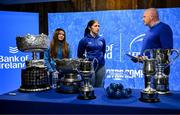 9 December 2024; Bronagh Boggan and Leinster player Aoife Moore with Bernard Jackman during the Bank of Ireland Leinster School's Cup Draw at the Bank of Ireland Montrose Branch in Dublin. Photo by David Fitzgerald/Sportsfile