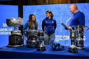 9 December 2024; Bronagh Boggan and Leinster player Aoife Moore with Bernard Jackman during the Bank of Ireland Leinster School's Cup Draw at the Bank of Ireland Montrose Branch in Dublin. Photo by David Fitzgerald/Sportsfile