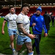 8 December 2024; Andrew Porter and Leinster senior coach Jacques Nienaber after the Champions Cup Round 1 match between Bristol Bears and Leinster at Ashton Gate in Bristol, England. Photo by Brendan Moran/Sportsfile