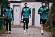 11 December 2024; Players, from left, Dylan Watts, Gary O'Neill and Aaron Greene during a Shamrock Rovers training session at the Roadstone Group Sports Club in Dublin. Photo by Ben McShane/Sportsfile