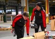 11 December 2024; Bohemian FC players Rob Cornwall, right, and James McManus during the Bohemian FC Direct Provision Christmas Gift Drive at RDS Simmonscourt in Ballsbridge, Dublin. Photo by Shauna Clinton/Sportsfile