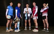 11 December 2024; Players, from left, UCD footballer Daire Cregg, Mary Immaculate College hurler Shane Meehan, University of Ulster footballer Ryan Magill, University of Galway footballer Colin Murray and University of Galway hurler Niall Collins before the draw for the Electric Ireland GAA Higher Education Championships at Croke Park in Dublin. Photo by Piaras Ó Mídheach/Sportsfile