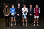 11 December 2024; Attendees, from left, Sarah Gelletlie, Sponsorship Manager, Electric Ireland, UCD footballer Daire Cregg, Uachtarán Chumann Lúthchleas Gael Jarlath Burns, University of Ulster footballer Ryan Magill, Benny Hurl, Chairperson of the Higher Education GAA Council, and University of Galway footballer Colin Murray before the draw for the Electric Ireland GAA Higher Education Championships at Croke Park in Dublin. Photo by Piaras Ó Mídheach/Sportsfile