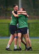 12 December 2024; Boyne Community School Trim players, from left, Gareth Reilly, Francis Healy and Sean Enright, behind, celebrate after their side's victory in the Leinster Rugby Schools League Junior Development Shield Final match between Moate Community School, Westmeath, and Boyne Community School Trim, Meath, at Energia Park in Dublin. Photo by Seb Daly/Sportsfile