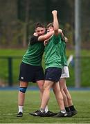 12 December 2024; Boyne Community School Trim players, from left, Gareth Reilly, Francis Healy and Sean Enright, behind, celebrate after their side's victory in the Leinster Rugby Schools League Junior Development Shield Final match between Moate Community School, Westmeath, and Boyne Community School Trim, Meath, at Energia Park in Dublin. Photo by Seb Daly/Sportsfile