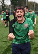 12 December 2024; Francis Healy of Boyne Community School Trim celebrates after his side's victory in the Leinster Rugby Schools League Junior Development Shield Final match between Moate Community School, Westmeath, and Boyne Community School Trim, Meath, at Energia Park in Dublin. Photo by Seb Daly/Sportsfile