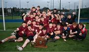 12 December 2024; Mercy Secondary School Kilbeggan players celebrate with the trophy after their side's victory in the Leinster Rugby Schools League Senior Development Shield Final match between Mercy Secondary School Kilbeggan, Westmeath, and St Kevin's Community College Dunlavin, Wicklow, at Energia Park in Dublin. Photo by Seb Daly/Sportsfile