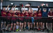 12 December 2024; Mercy Secondary School Kilbeggan captain Conor Molloy with the trophy alongside teammates after their side's victory in the Leinster Rugby Schools League Senior Development Shield Final match between Mercy Secondary School Kilbeggan, Westmeath, and St Kevin's Community College Dunlavin, Wicklow, at Energia Park in Dublin. Photo by Seb Daly/Sportsfile
