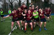 12 December 2024; Mercy Secondary School Kilbeggan players celebrate after their side's victory in the Leinster Rugby Schools League Senior Development Shield Final match between Mercy Secondary School Kilbeggan, Westmeath, and St Kevin's Community College Dunlavin, Wicklow, at Energia Park in Dublin. Photo by Seb Daly/Sportsfile