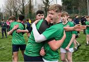 12 December 2024; Boyne Community School Trim players Fionn Ennis, right, and Gareth Reilly celebrate after their side's victory in the Leinster Rugby Schools League Junior Development Shield Final match between Moate Community School, Westmeath, and Boyne Community School Trim, Meath, at Energia Park in Dublin. Photo by Seb Daly/Sportsfile