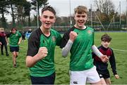 12 December 2024; Boyne Community School Trim players Gareth Reilly, left, and Fionn Ennis, right, celebrate after their side's victory in the Leinster Rugby Schools League Junior Development Shield Final match between Moate Community School, Westmeath, and Boyne Community School Trim, Meath, at Energia Park in Dublin. Photo by Seb Daly/Sportsfile