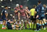 13 December 2024; John Hodnett of Munster, centre, is congratulated by teammates Fineen Wycherley and Calvin Nash, after scoring their side's second try during the Champions Cup Pool 3 match between Castres Olympique and Munster at Stade Pierre Fabre in Castres, France. Photo by Brendan Moran/Sportsfile