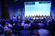 30 November 2024; GAA Football Review Committee chairperson Jim Gavin speaking about motions 5 to 12 during the GAA Special Congress 2024 at Croke Park in Dublin. Photo by Piaras Ó Mídheach/Sportsfile