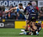 14 December 2024; Stuart McCloskey of Ulster is tackled by Damian Penaud, 14, and Marko Gazzotti of Bordeaux-Begles during the Champions Cup Pool 1 match between Ulster and Bordeaux Begles at Kingspan Stadium in Belfast. Photo by Ramsey Cardy/Sportsfile