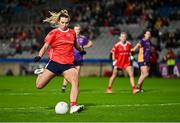 14 December 2024; Ailish Morrissey of Kilkerrin-Clonberne takes a penalty that was saved by Kilmacud Crokes goalkeeper Dearbhla Gower during the AIB LGFA All-Ireland Senior Club Championship final match between Kilmacud Crokes of Dublin and Kilkerrin-Clonberne of Galway at Croke Park in Dublin. Photo by Piaras Ó Mídheach/Sportsfile