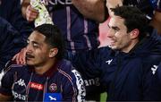 14 December 2024; Joey Carbery, right, and Yoram Moefana of Bordeaux-Begles celebrate after the Champions Cup Pool 1 match between Ulster and Bordeaux Begles at Kingspan Stadium in Belfast. Photo by Ramsey Cardy/Sportsfile