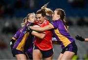 14 December 2024; Ailish Morrissey of Kilkerrin-Clonberne in action against Niamh Carr, left, and Lauren Magee of Kilmacud Crokes during the AIB LGFA All-Ireland Senior Club Championship final match between Kilmacud Crokes of Dublin and Kilkerrin-Clonberne of Galway at Croke Park in Dublin. Photo by Piaras Ó Mídheach/Sportsfile