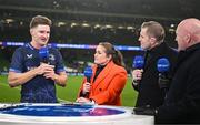 14 December 2024; Jordie Barrett of Leinster is interviewed by analysts Fiona Coghlan, Jamie Heaslip and Bernard Jackman on RTE television after the Champions Cup Pool 2 match between Leinster and ASM Clermont Auvergne at the Aviva Stadium in Dublin. Photo by Sam Barnes/Sportsfile
