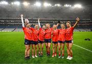 14 December 2024; Kilkerrin-Clonberne players, from left, Leah Pettit, Hannah Noone, Caitlin Boyle, Katelyn Mee, Lynsey Noone, Eva Noone and Ailish Morrissey celebrate after their side's victory in the AIB LGFA All-Ireland Senior Club Championship final match between Kilmacud Crokes of Dublin and Kilkerrin-Clonberne of Galway at Croke Park in Dublin. Photo by Piaras Ó Mídheach/Sportsfile