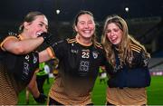 14 December 2024; Bennekerry/Tinryland players, from left, Maeve O'Neill, Katie Bullen and Clodagh Mahon celebrate after their side's victory in the AIB LGFA All-Ireland Intermediate Club Championship final match between Annaghdown of Galway and Bennekerry/Tinryland of Carlow at Croke Park in Dublin. Photo by Shauna Clinton/Sportsfile